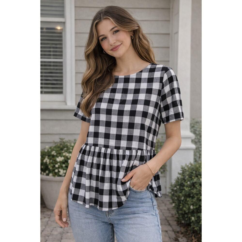 Cherish Black White Gingham Peplum Blouse Size M Buffalo Check Tie Back Top